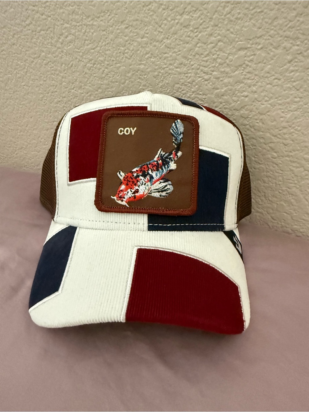 Goorin Bros COY Patch Trucker Hat in White, Red, Navy & Brown Patchwork